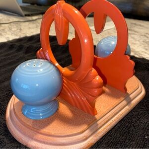 Fiestaware Orange and Blue Salt/Pepper Shaker and Napkin Holder Set